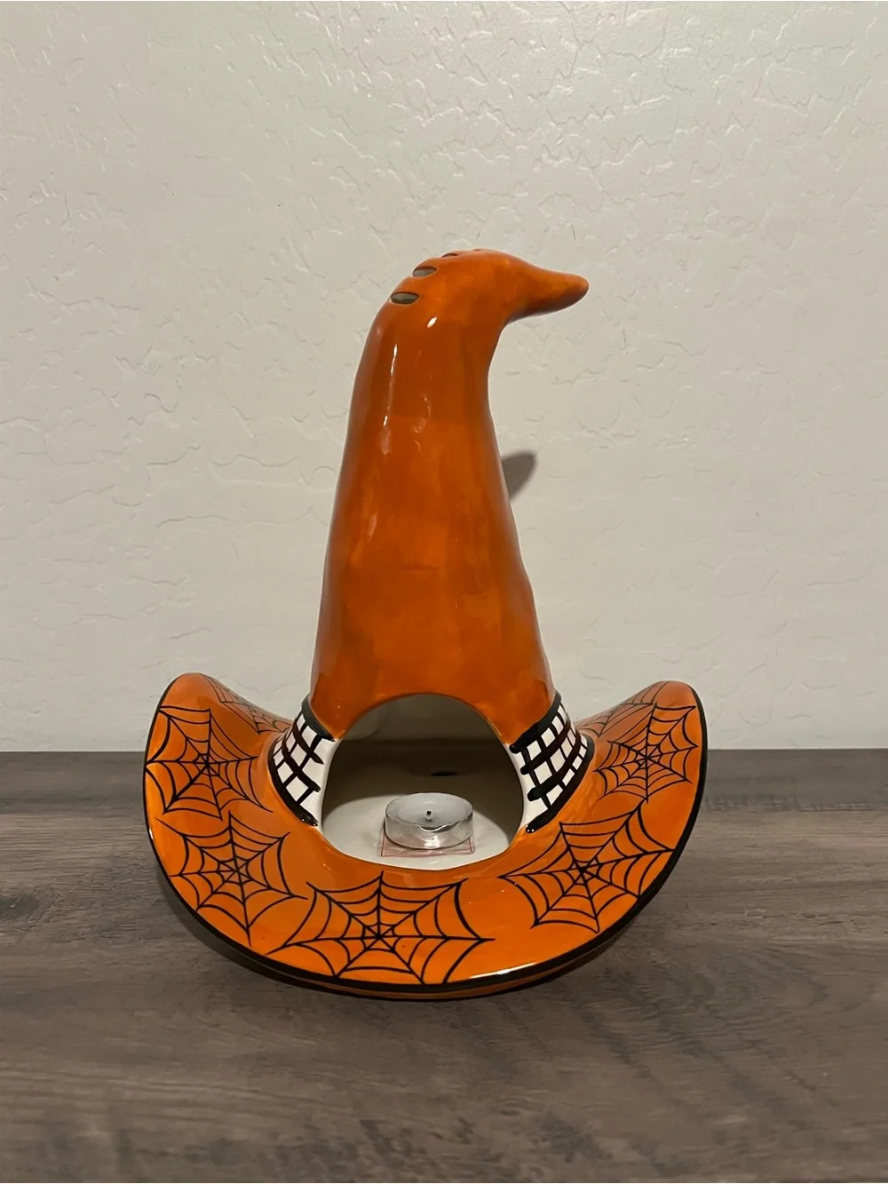 Blue Sky October 31 Orange Spider Web Witch Hat Ceramic Halloween Candle Holder